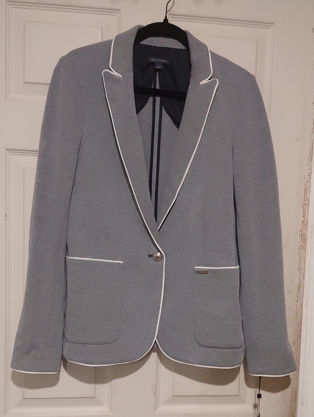 Tommy Hilfiger Womens Gray Blazer White Piping Pockets Single-Button Blazer S 12